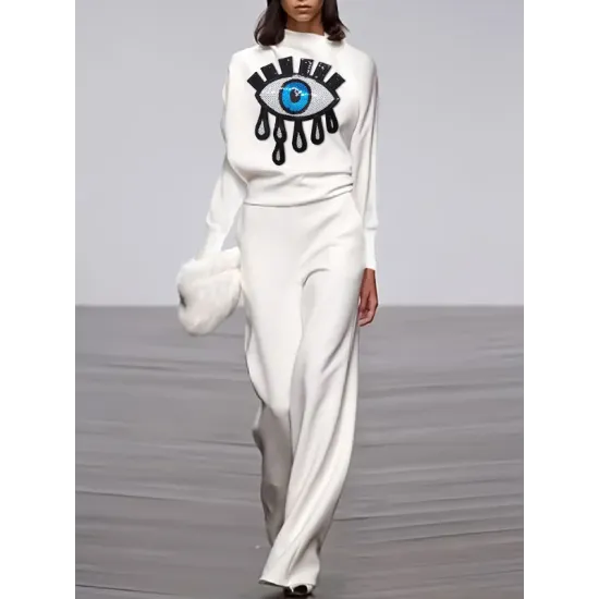 Long Sleeves Loose Applique Embroidered Figure Printed Mock Neck T-Shirts Tops Long Sleeves Loose Applique Embroidered Figure Printed Mock Neck T-Shirts Tops