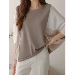 Contrast Color Split-Joint Batwing Sleeves Loose Round-Neck T-Shirts Tops