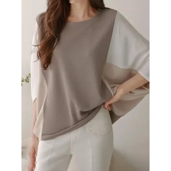 Contrast Color Split-Joint Batwing Sleeves Loose Round-Neck T-Shirts Tops Contrast Color Split-Joint Batwing Sleeves Loose Round-Neck T-Shirts Tops