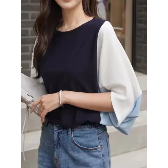 Contrast Color Split-Joint Batwing Sleeves Loose Round-Neck T-Shirts Tops Contrast Color Split-Joint Batwing Sleeves Loose Round-Neck T-Shirts Tops