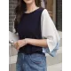 Contrast Color Split-Joint Batwing Sleeves Loose Round-Neck T-Shirts Tops Contrast Color Split-Joint Batwing Sleeves Loose Round-Neck T-Shirts Tops