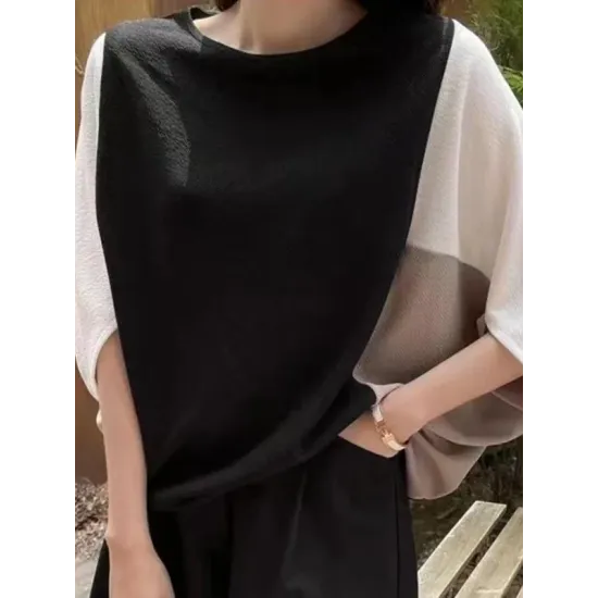 Contrast Color Split-Joint Batwing Sleeves Loose Round-Neck T-Shirts Tops Contrast Color Split-Joint Batwing Sleeves Loose Round-Neck T-Shirts Tops