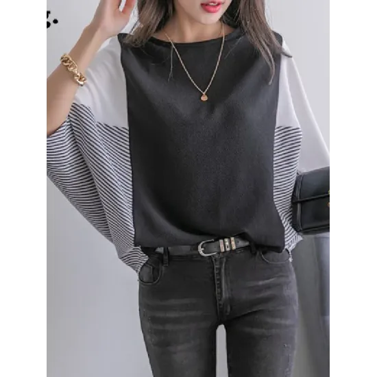 Contrast Color Split-Joint Batwing Sleeves Loose Round-Neck T-Shirts Tops Contrast Color Split-Joint Batwing Sleeves Loose Round-Neck T-Shirts Tops