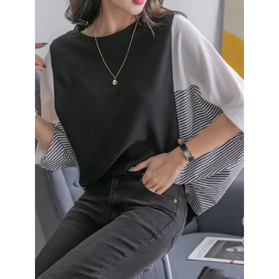 Contrast Color Split-Joint Batwing Sleeves Loose Round-Neck T-Shirts Tops Contrast Color Split-Joint Batwing Sleeves Loose Round-Neck T-Shirts Tops
