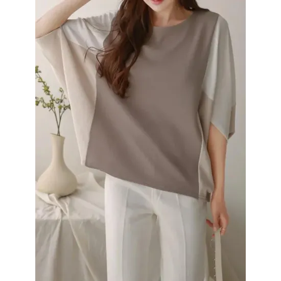Contrast Color Split-Joint Batwing Sleeves Loose Round-Neck T-Shirts Tops Contrast Color Split-Joint Batwing Sleeves Loose Round-Neck T-Shirts Tops