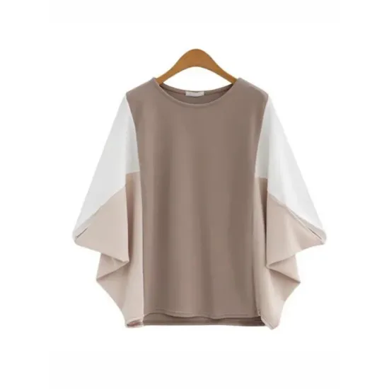 Contrast Color Split-Joint Batwing Sleeves Loose Round-Neck T-Shirts Tops Contrast Color Split-Joint Batwing Sleeves Loose Round-Neck T-Shirts Tops