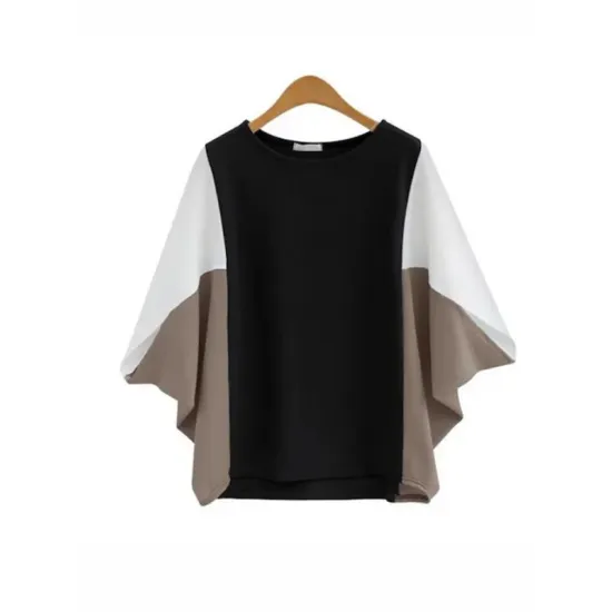 Contrast Color Split-Joint Batwing Sleeves Loose Round-Neck T-Shirts Tops Contrast Color Split-Joint Batwing Sleeves Loose Round-Neck T-Shirts Tops