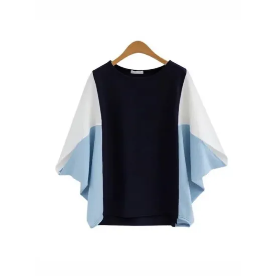 Contrast Color Split-Joint Batwing Sleeves Loose Round-Neck T-Shirts Tops Contrast Color Split-Joint Batwing Sleeves Loose Round-Neck T-Shirts Tops