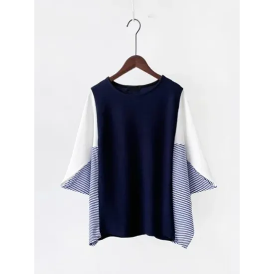 Contrast Color Split-Joint Batwing Sleeves Loose Round-Neck T-Shirts Tops Contrast Color Split-Joint Batwing Sleeves Loose Round-Neck T-Shirts Tops