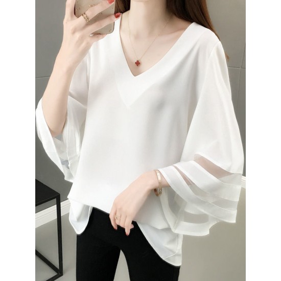 Gauze See-Through Solid Color Split-Joint Long Sleeves Loose V-Neck T-Shirts Tops Gauze See-Through Solid Color Split-Joint Long Sleeves Loose V-Neck T-Shirts Tops