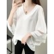 Gauze See-Through Solid Color Split-Joint Long Sleeves Loose V-Neck T-Shirts Tops Gauze See-Through Solid Color Split-Joint Long Sleeves Loose V-Neck T-Shirts Tops