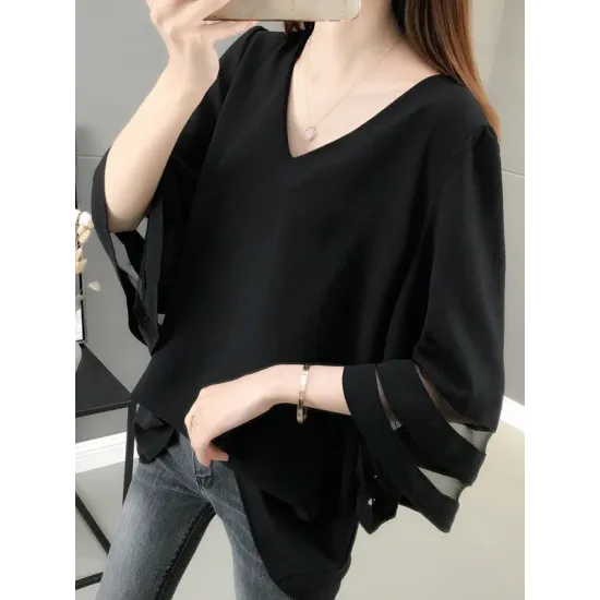 Gauze See-Through Solid Color Split-Joint Long Sleeves Loose V-Neck T-Shirts Tops Gauze See-Through Solid Color Split-Joint Long Sleeves Loose V-Neck T-Shirts Tops
