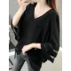 Gauze See-Through Solid Color Split-Joint Long Sleeves Loose V-Neck T-Shirts Tops Gauze See-Through Solid Color Split-Joint Long Sleeves Loose V-Neck T-Shirts Tops
