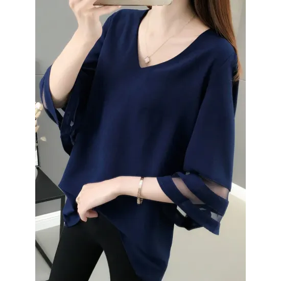 Gauze See-Through Solid Color Split-Joint Long Sleeves Loose V-Neck T-Shirts Tops Gauze See-Through Solid Color Split-Joint Long Sleeves Loose V-Neck T-Shirts Tops