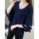 Gauze See-Through Solid Color Split-Joint Long Sleeves Loose V-Neck T-Shirts Tops Gauze See-Through Solid Color Split-Joint Long Sleeves Loose V-Neck T-Shirts Tops
