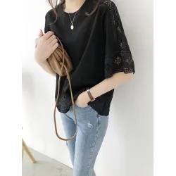 Hollow Solid Color Split-Joint Half Sleeves Loose Round-Neck T-Shirts Tops
