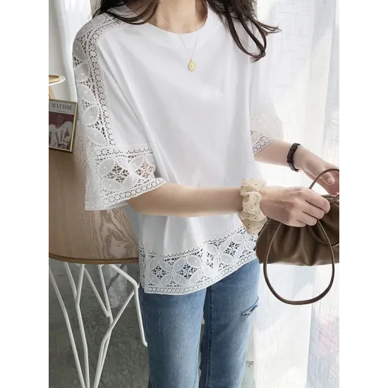Hollow Solid Color Split-Joint Half Sleeves Loose Round-Neck T-Shirts Tops
