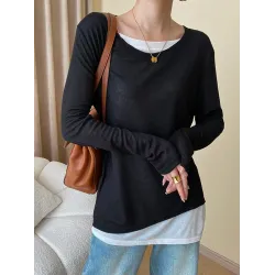 Asymmetric Split-Joint False Two Long Sleeves Round-Neck T-Shirts Tops