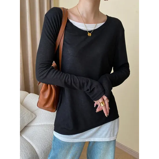 Asymmetric Split-Joint False Two Long Sleeves Round-Neck T-Shirts Tops Asymmetric Split-Joint False Two Long Sleeves Round-Neck T-Shirts Tops