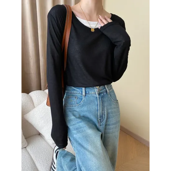 Asymmetric Split-Joint False Two Long Sleeves Round-Neck T-Shirts Tops Asymmetric Split-Joint False Two Long Sleeves Round-Neck T-Shirts Tops