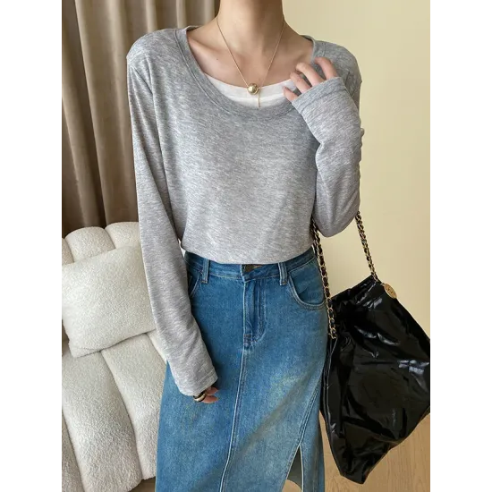 Asymmetric Split-Joint False Two Long Sleeves Round-Neck T-Shirts Tops Asymmetric Split-Joint False Two Long Sleeves Round-Neck T-Shirts Tops