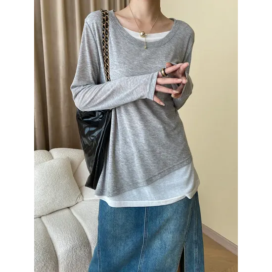 Asymmetric Split-Joint False Two Long Sleeves Round-Neck T-Shirts Tops Asymmetric Split-Joint False Two Long Sleeves Round-Neck T-Shirts Tops