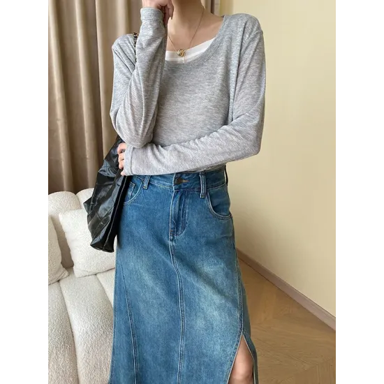 Asymmetric Split-Joint False Two Long Sleeves Round-Neck T-Shirts Tops Asymmetric Split-Joint False Two Long Sleeves Round-Neck T-Shirts Tops