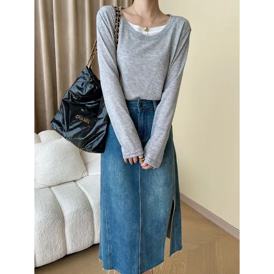 Asymmetric Split-Joint False Two Long Sleeves Round-Neck T-Shirts Tops Asymmetric Split-Joint False Two Long Sleeves Round-Neck T-Shirts Tops
