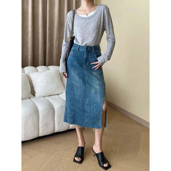 Asymmetric Split-Joint False Two Long Sleeves Round-Neck T-Shirts Tops Asymmetric Split-Joint False Two Long Sleeves Round-Neck T-Shirts Tops