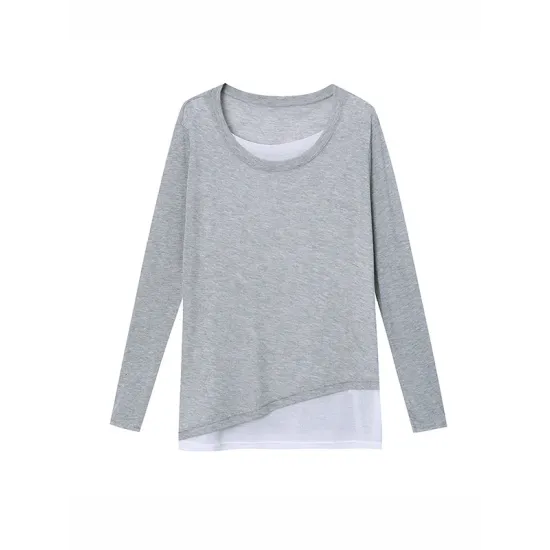 Asymmetric Split-Joint False Two Long Sleeves Round-Neck T-Shirts Tops Asymmetric Split-Joint False Two Long Sleeves Round-Neck T-Shirts Tops