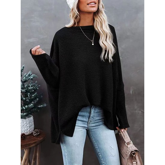 Solid Color Split-side Long Sleeves Loose Boat Neck T-shirts Solid Color Split-side Long Sleeves Loose Boat Neck T-shirts