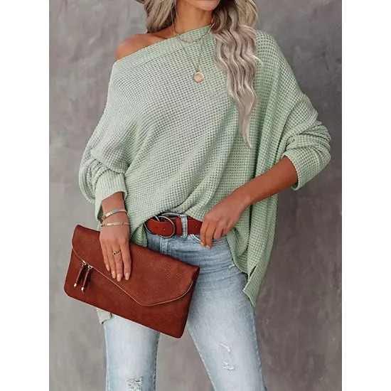 Solid Color Split-side Long Sleeves Loose Boat Neck T-shirts Solid Color Split-side Long Sleeves Loose Boat Neck T-shirts