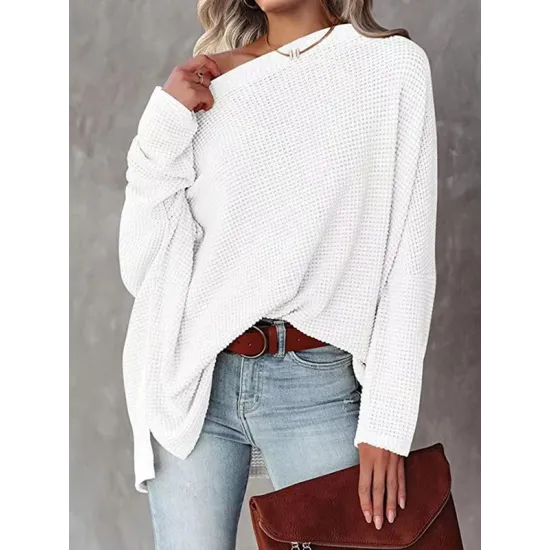 Solid Color Split-side Long Sleeves Loose Boat Neck T-shirts Solid Color Split-side Long Sleeves Loose Boat Neck T-shirts