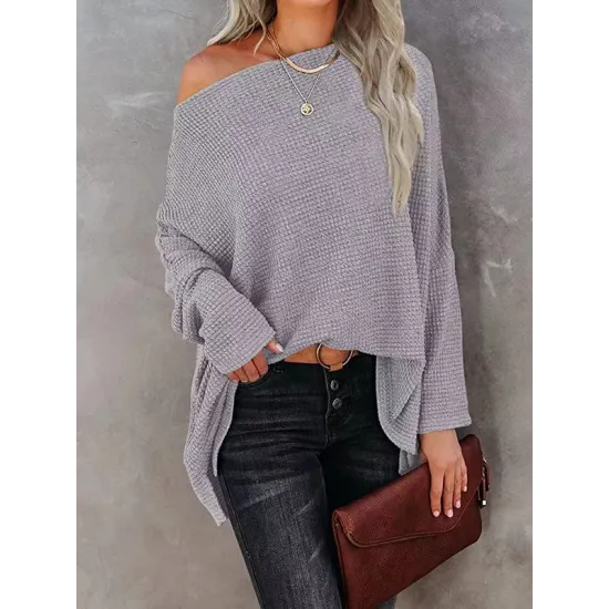 Solid Color Split-side Long Sleeves Loose Boat Neck T-shirts Solid Color Split-side Long Sleeves Loose Boat Neck T-shirts