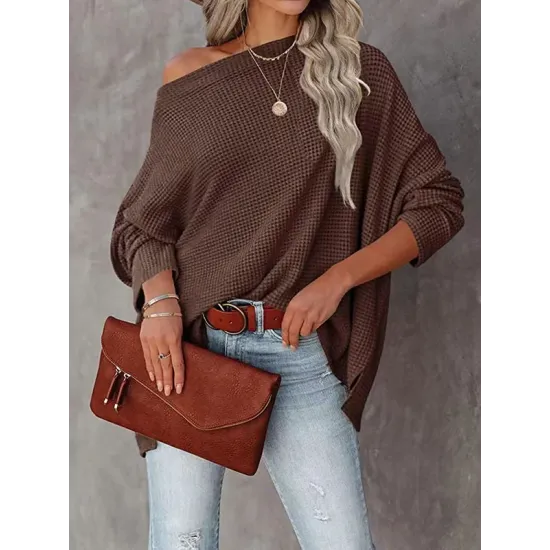 Solid Color Split-side Long Sleeves Loose Boat Neck T-shirts Solid Color Split-side Long Sleeves Loose Boat Neck T-shirts