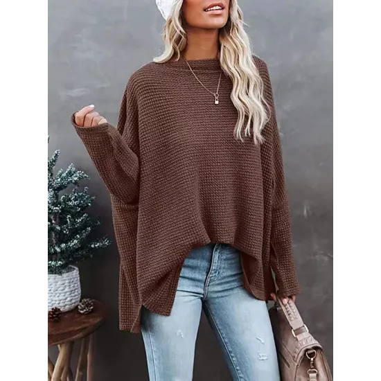 Solid Color Split-side Long Sleeves Loose Boat Neck T-shirts Solid Color Split-side Long Sleeves Loose Boat Neck T-shirts
