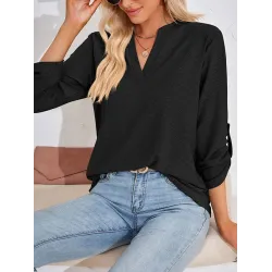 Jacquard Solid Color Loose Three-Quarter Sleeves V-Neck T-Shirts