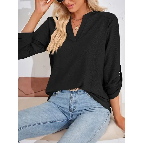 Jacquard Solid Color Loose Three-Quarter Sleeves V-Neck T-Shirts Jacquard Solid Color Loose Three-Quarter Sleeves V-Neck T-Shirts