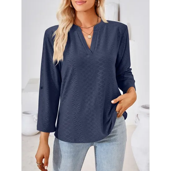 Jacquard Solid Color Loose Three-Quarter Sleeves V-Neck T-Shirts Jacquard Solid Color Loose Three-Quarter Sleeves V-Neck T-Shirts