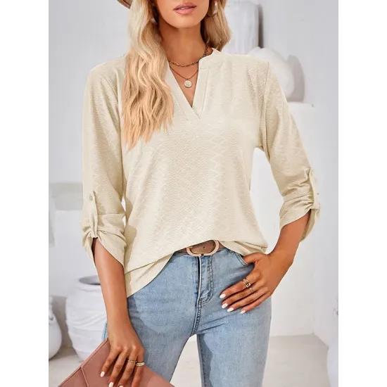 Jacquard Solid Color Loose Three-Quarter Sleeves V-Neck T-Shirts Jacquard Solid Color Loose Three-Quarter Sleeves V-Neck T-Shirts