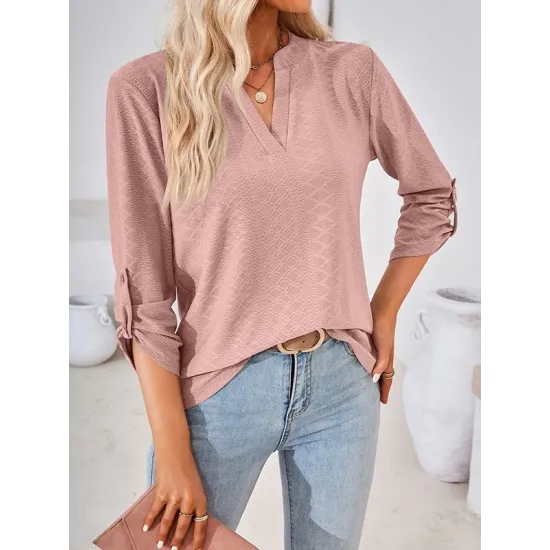 Jacquard Solid Color Loose Three-Quarter Sleeves V-Neck T-Shirts Jacquard Solid Color Loose Three-Quarter Sleeves V-Neck T-Shirts