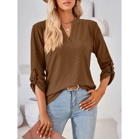 Jacquard Solid Color Loose Three-Quarter Sleeves V-Neck T-Shirts Jacquard Solid Color Loose Three-Quarter Sleeves V-Neck T-Shirts