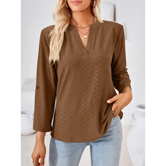Jacquard Solid Color Loose Three-Quarter Sleeves V-Neck T-Shirts Jacquard Solid Color Loose Three-Quarter Sleeves V-Neck T-Shirts