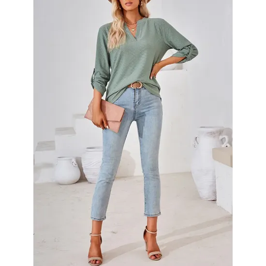 Jacquard Solid Color Loose Three-Quarter Sleeves V-Neck T-Shirts Jacquard Solid Color Loose Three-Quarter Sleeves V-Neck T-Shirts