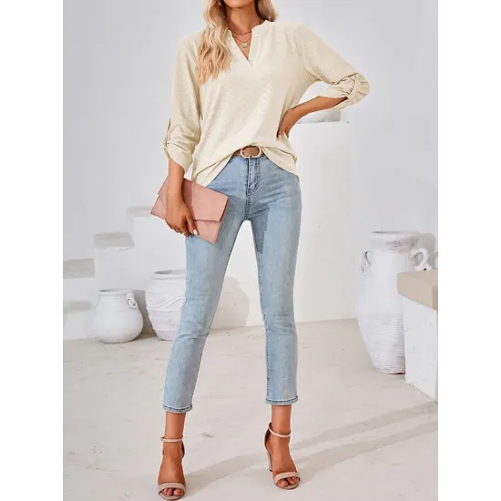 Jacquard Solid Color Loose Three-Quarter Sleeves V-Neck T-Shirts Jacquard Solid Color Loose Three-Quarter Sleeves V-Neck T-Shirts