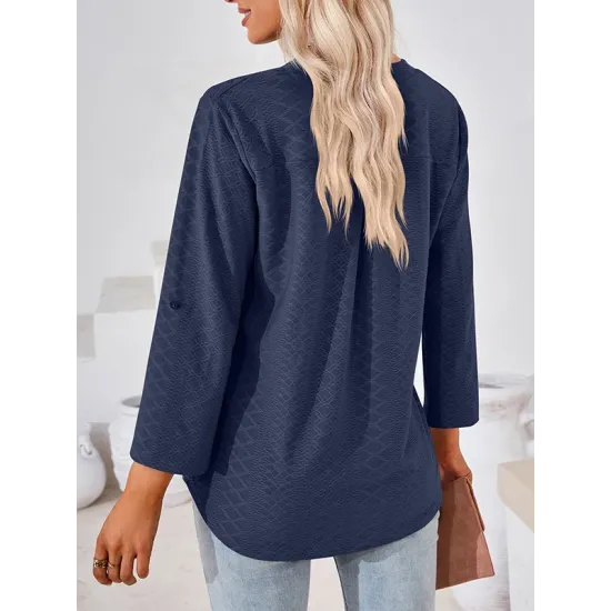 Jacquard Solid Color Loose Three-Quarter Sleeves V-Neck T-Shirts Jacquard Solid Color Loose Three-Quarter Sleeves V-Neck T-Shirts