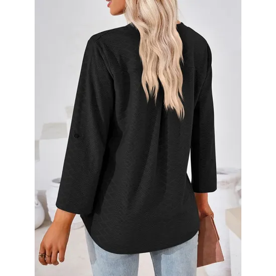Jacquard Solid Color Loose Three-Quarter Sleeves V-Neck T-Shirts Jacquard Solid Color Loose Three-Quarter Sleeves V-Neck T-Shirts