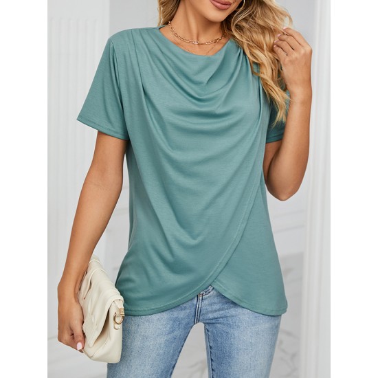 Pleated Solid Color Split-Joint Loose Short Sleeves Round-Neck T-Shirts Pleated Solid Color Split-Joint Loose Short Sleeves Round-Neck T-Shirts