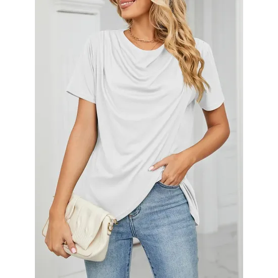 Pleated Solid Color Split-Joint Loose Short Sleeves Round-Neck T-Shirts Pleated Solid Color Split-Joint Loose Short Sleeves Round-Neck T-Shirts