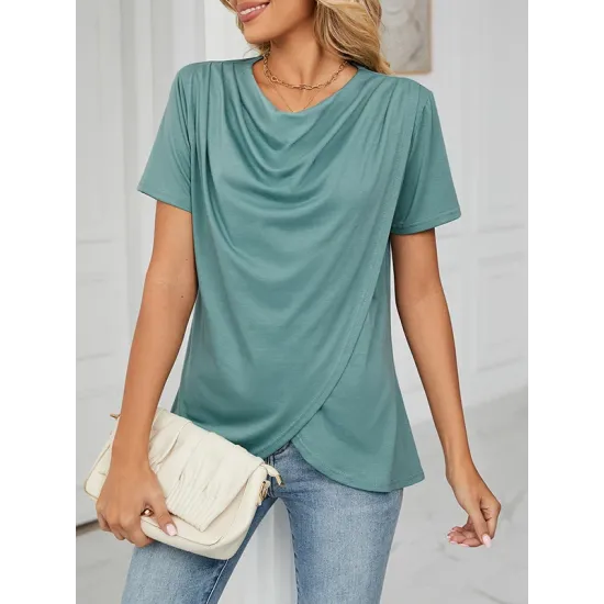 Pleated Solid Color Split-Joint Loose Short Sleeves Round-Neck T-Shirts Pleated Solid Color Split-Joint Loose Short Sleeves Round-Neck T-Shirts